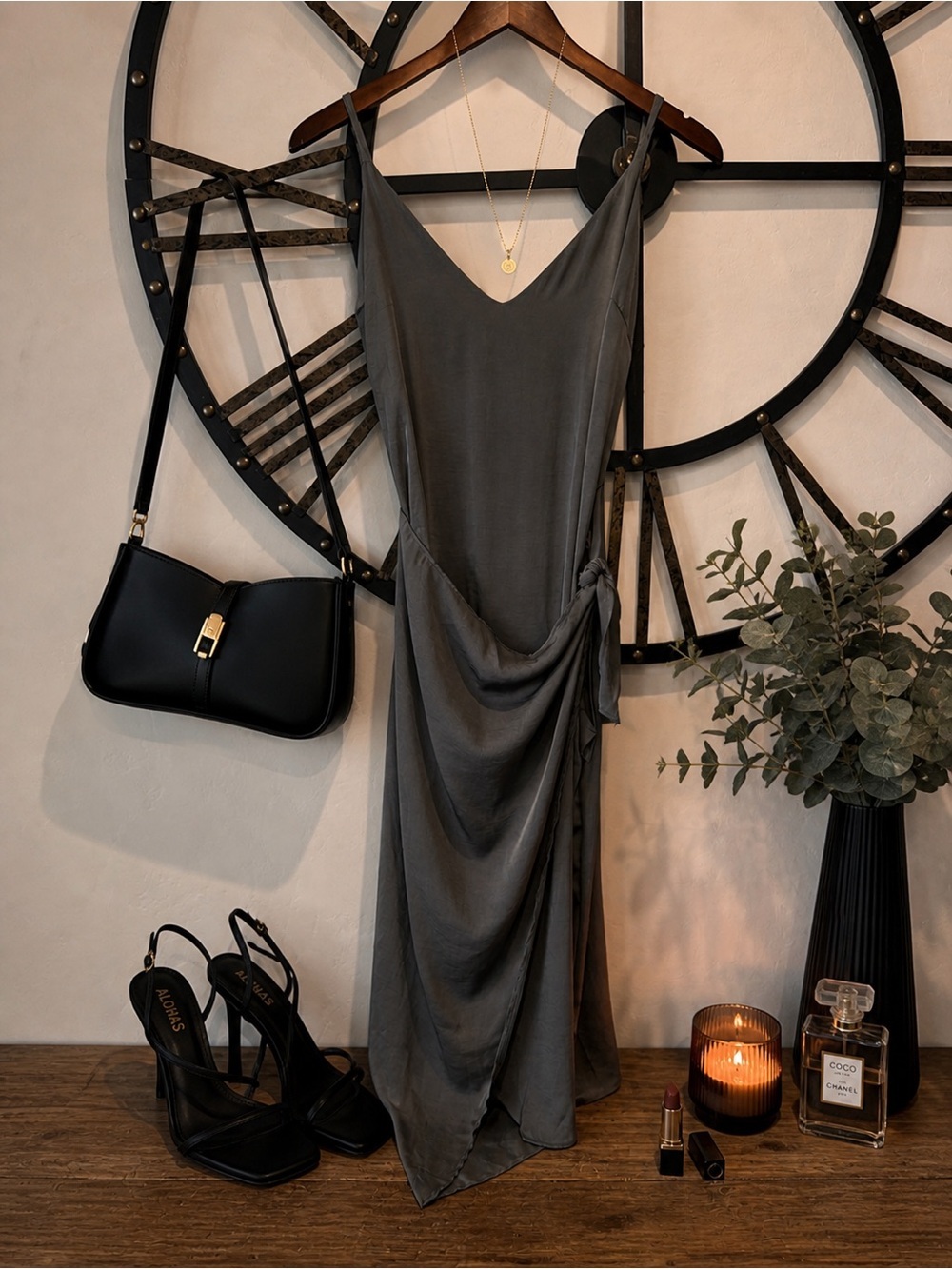 Gray Slip Midi Dress with Side Knot